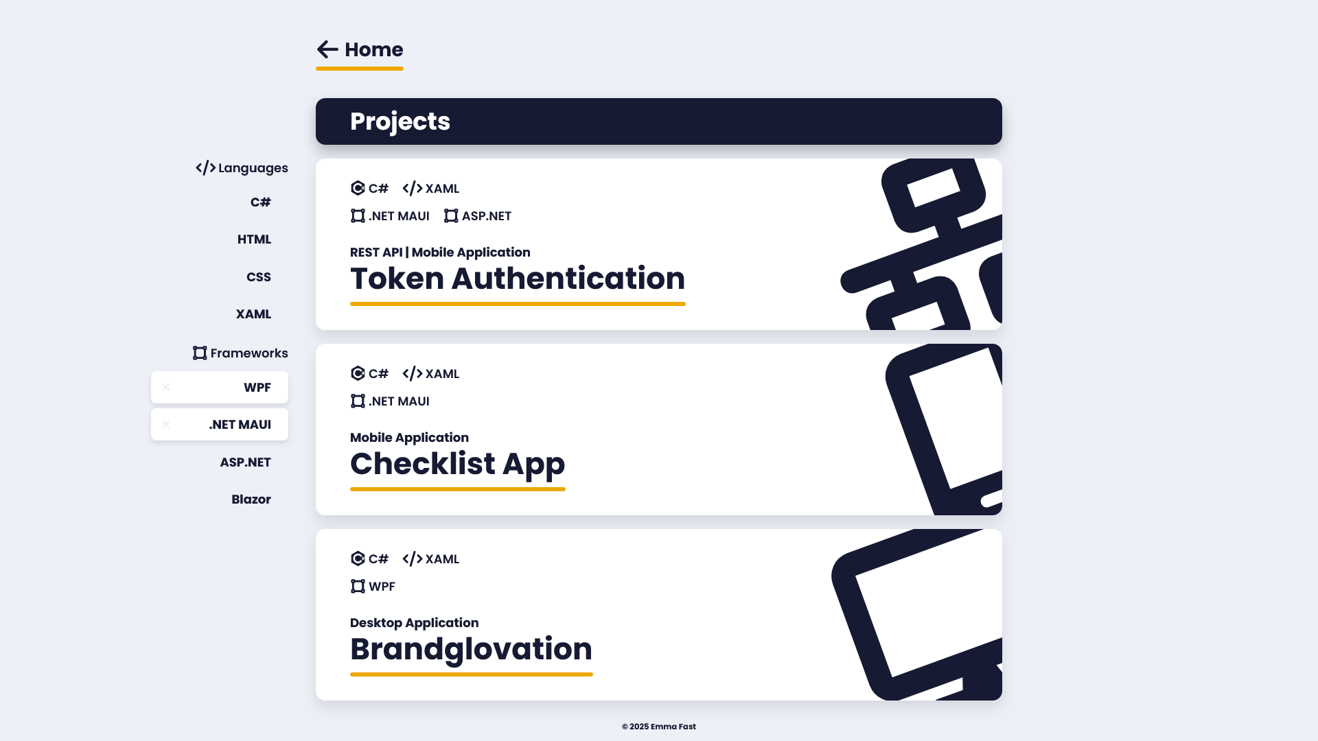 A screenshot of the projects page