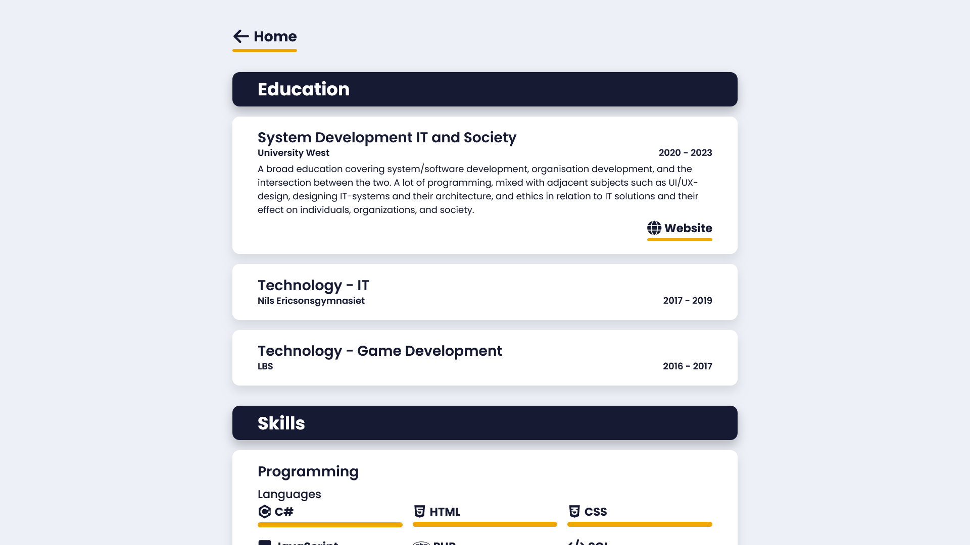 A screenshot of the CV page